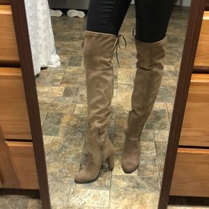 Suede taupe heeled over the knee boots